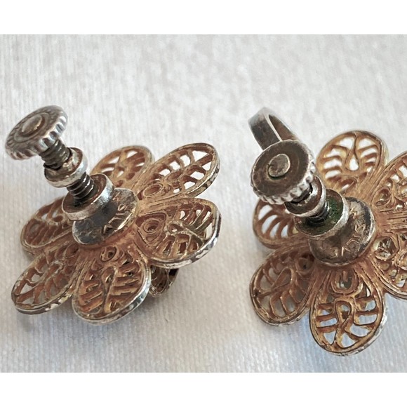 Mexico Sterling Earrings Vintage Flower Filagree Screw Back - Picture 7 of 11